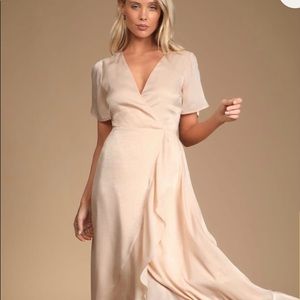 Forever Elegant Light Peach Satin Ruffled Maxi Dress